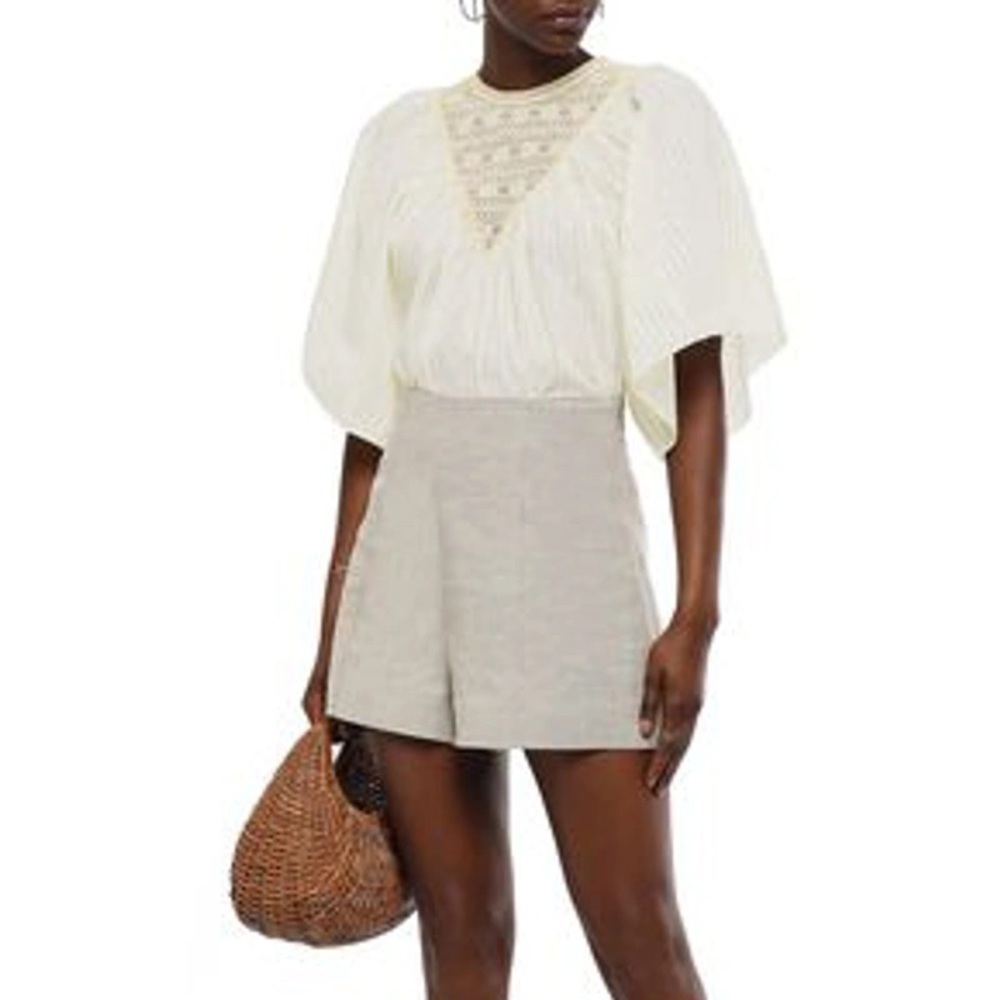 Antik Batik Cream Metallic Multi Stripe Gelly Crochet Short Sleeve Blouse